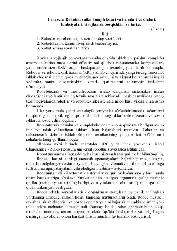 Robototexnika komplekslari va tizimlari