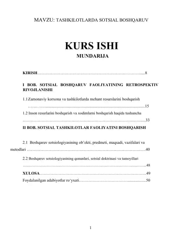 TASHKILOTLARDA SOTSIAL BOSHQARUV KURS ISHI
