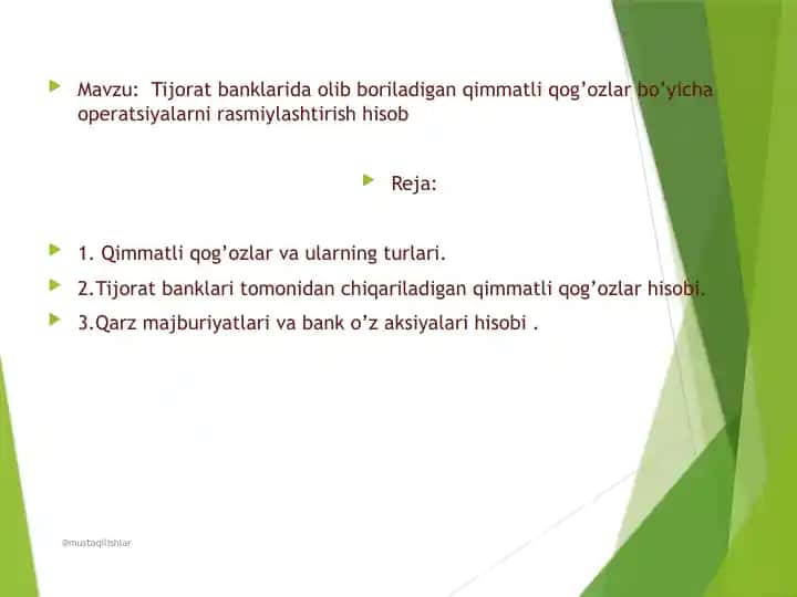 Tijorat banklarida olib boriladigan qimmatli qog’ozlar bo’yicha operatsiyalarni rasmiylashtirish hisob
