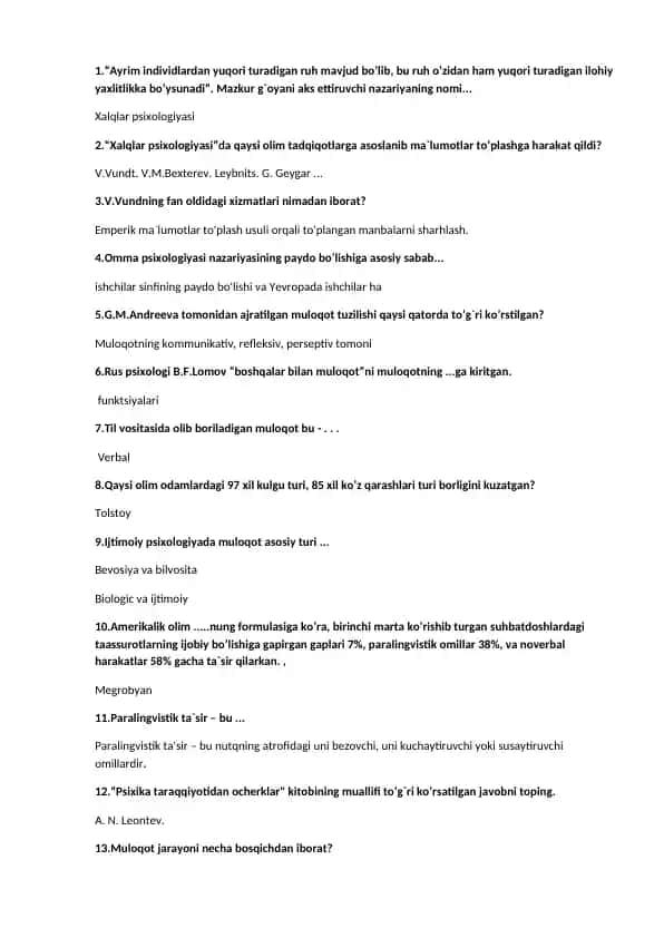 Xalqlar psixologiyasi haqidagi savol-javoblar to‘plami