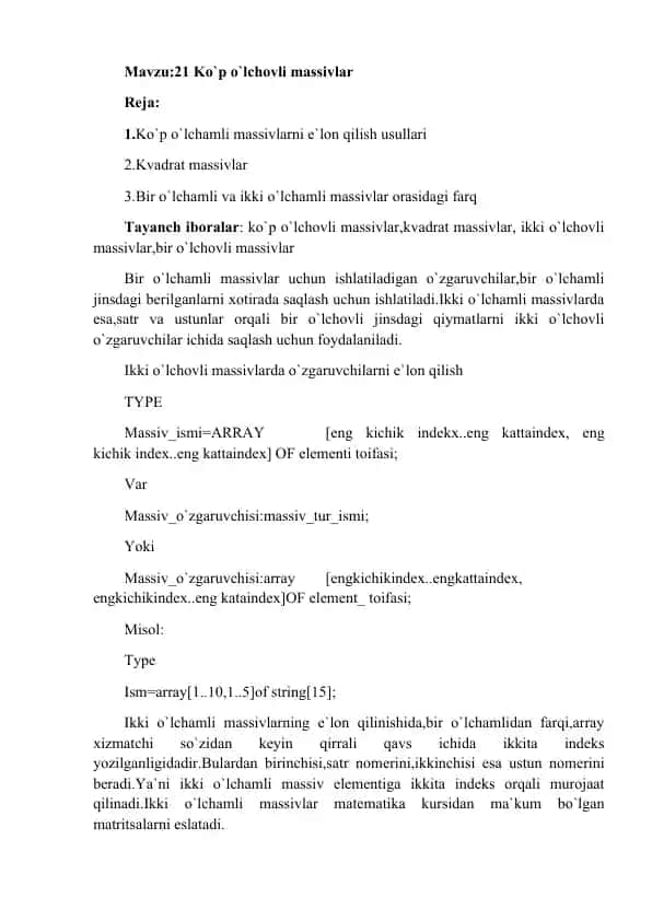Ko`p o`lchamli massivlar