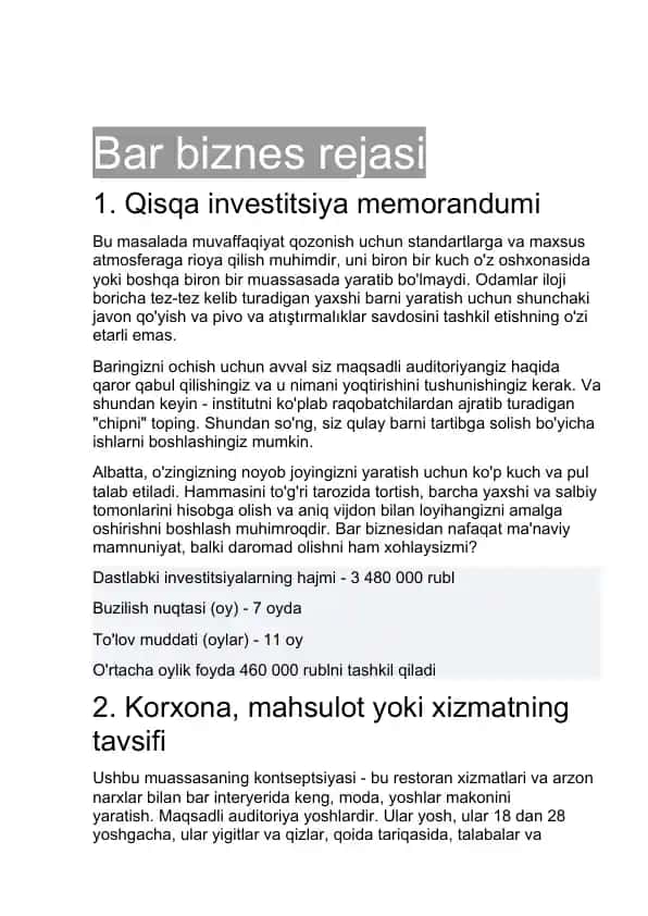 Bar biznes rejasi