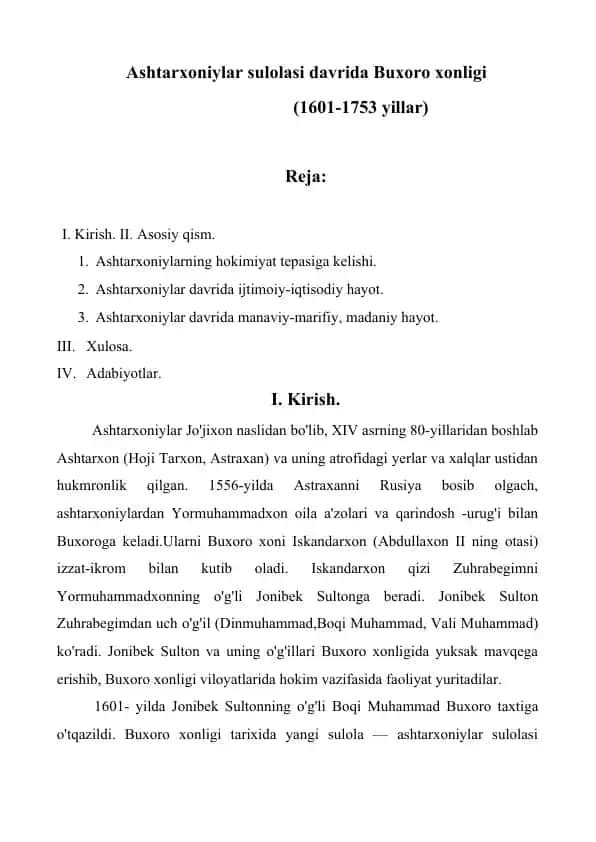 Ashtarxoniylar sulolasi davrida Buxoro xonligi