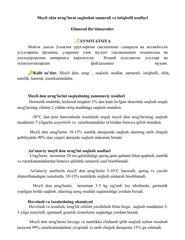 Moyli ekin urug'larni saqlashni samarali va istiqbolli usullari