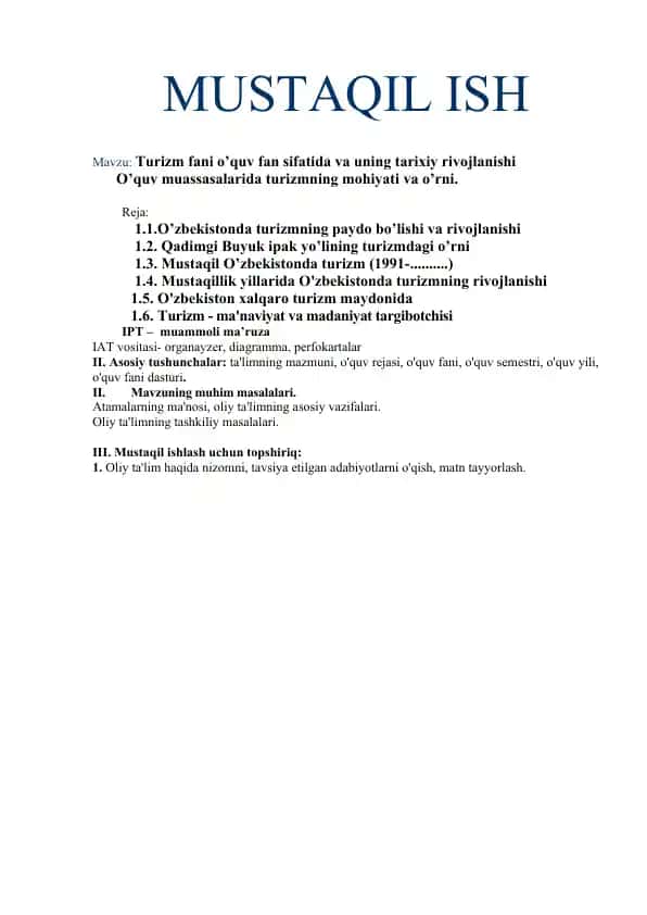Turizm fani o'quv fan sifatida va uning tarixiy rivojlanishi