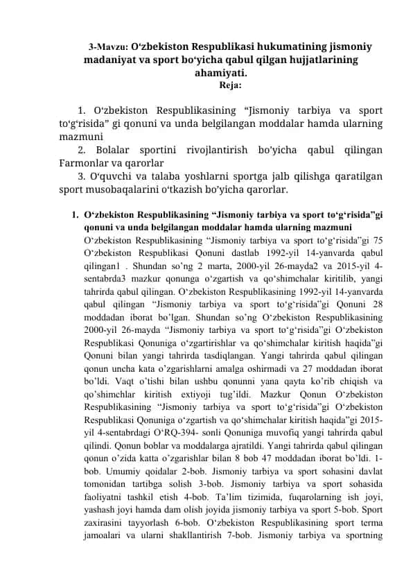 O‘zbekiston Respublikasi "Jismoniy Tarbiya va Sport To'g'risida"gi Qonuni va Unda Belgilangan Moddalar haqida