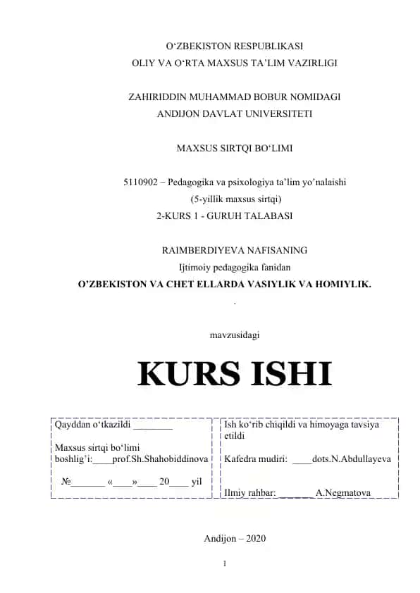Vasiylik va homiylik mavzusidagi kurs ishi