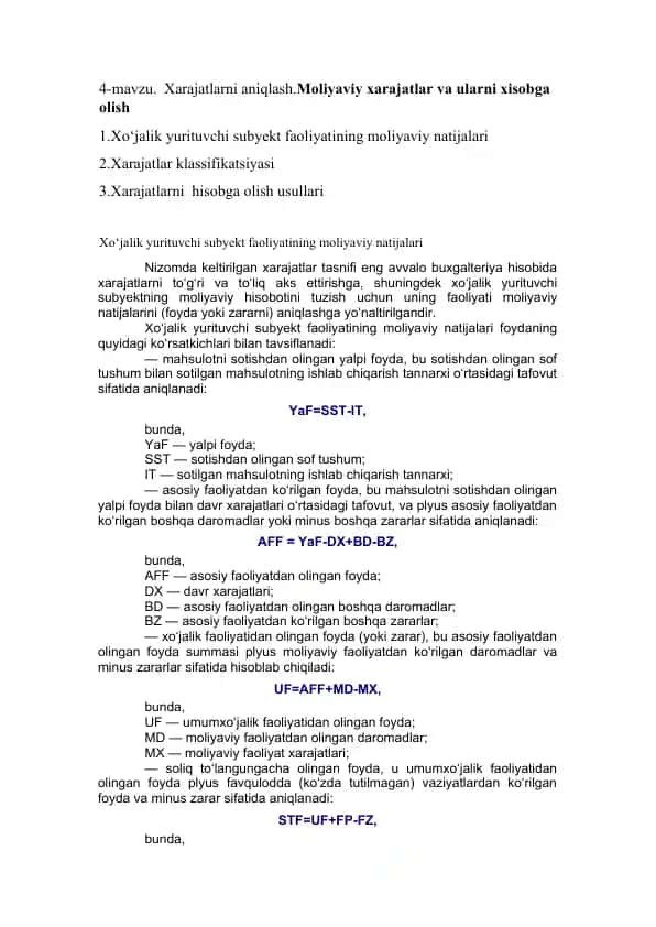 Xarajatlarni aniqlash.Moliyaviy xarajatlar va ularni hisobga olish