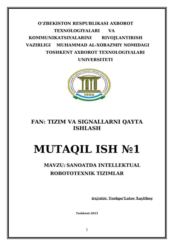 SANOATDA INTELLEKTUAL ROBOTOTEXNIK TIZIMLAR