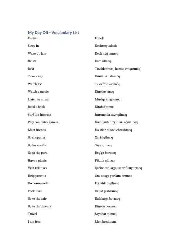 My Day Off - Vocabulary List