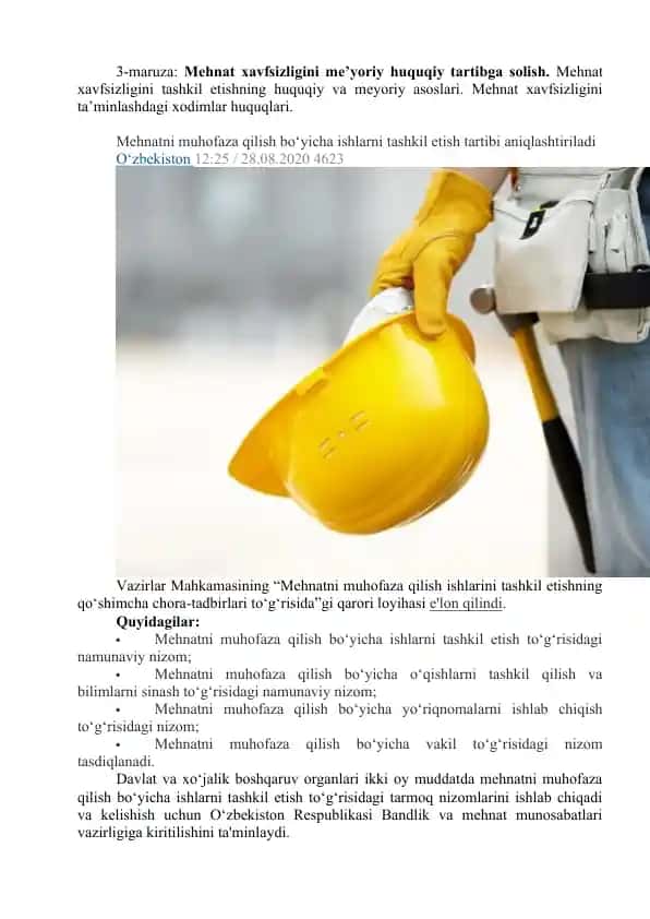 Mehnat xavfsizligini tashkil etishning huquqiy va meyoriy asoslari