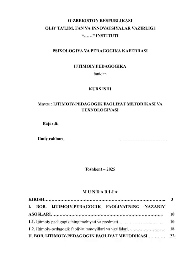 Ijtimoiy-pedagogik faoliyat metodikasi va texnologiyasi