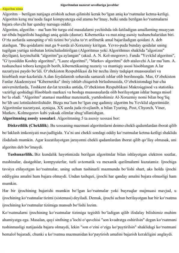 Algoritmdan nazorat savollariga javoblar