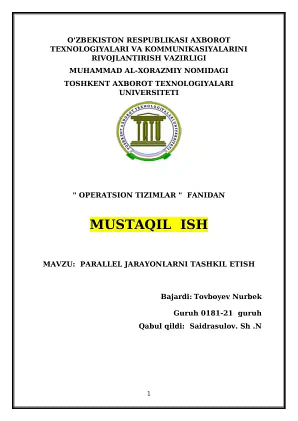 PARALLEL JARAYONLARNI TASHKIL ETISH