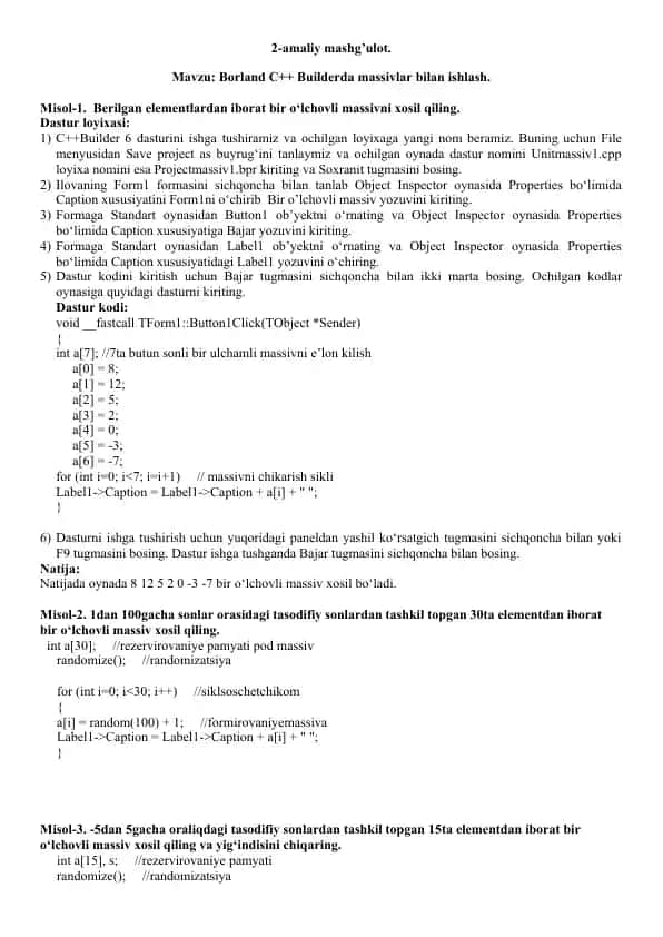 Borland C++ Builderda massivlar bilan ishlash