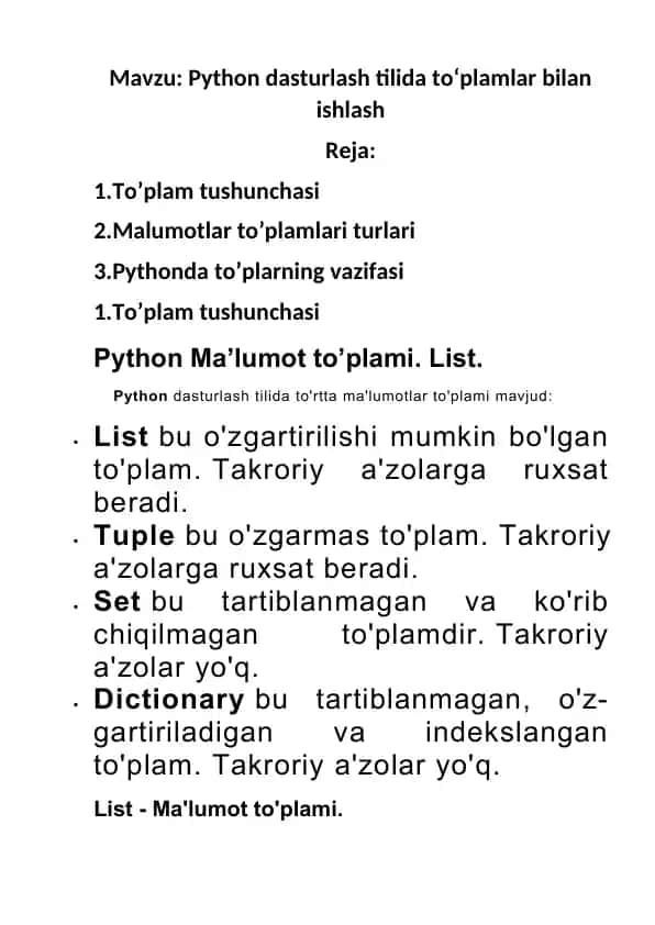 Python dasturlash tilida to‘plamlar bilan ishlash