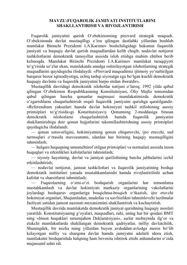 FUQAROLIK JAMIYATI INSTITUTLARINI SHAKLLANTIRISH VA RIVOJLANTIRISH