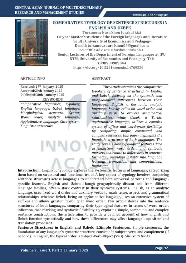 Comparative Typology of Sentence Structures in English and Uzbek