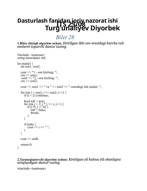 Dasturlash fanidan joriy nazorat ishi (ITS 23/08, Bilet 28)