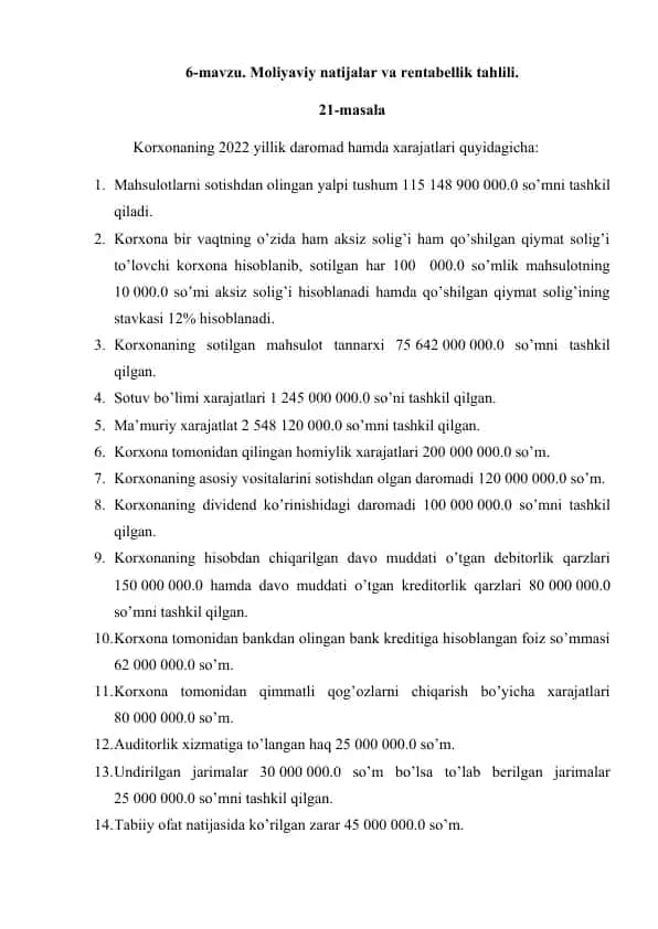 Moliyaviy natijalar va rentabellik tahlili