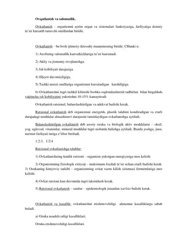 Ovqatlanish va salomatlik