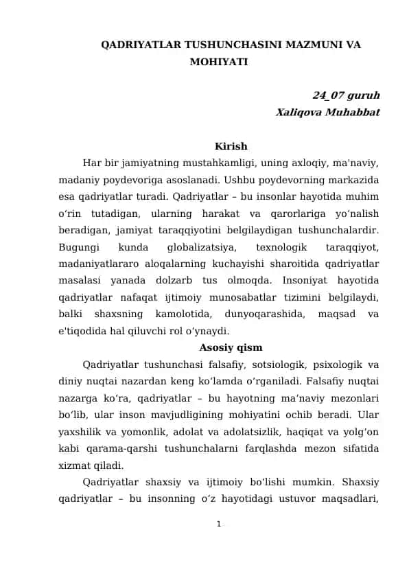 QADRIYATLAR TUSHUNCHASINI MAZMUNI VA MOHIYATI