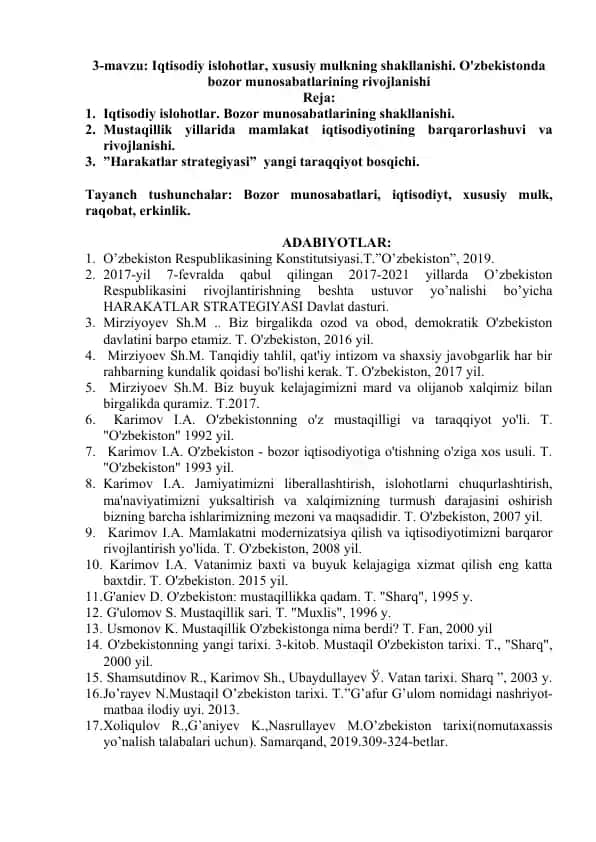 Iqtisodiy islohotlar va bozor munosabatlarining rivojlanishi
