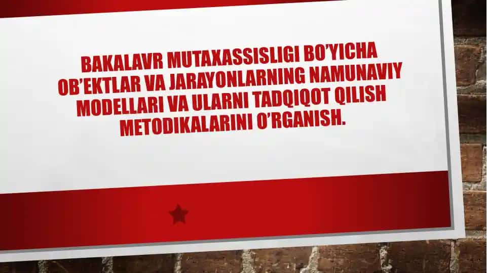 Bakalavr mutaxassisligi bo'yicha ob'ektlar va jarayonlarning namunaviy modellari va ularni tadqiqot qilish metodikalarini o’rganish