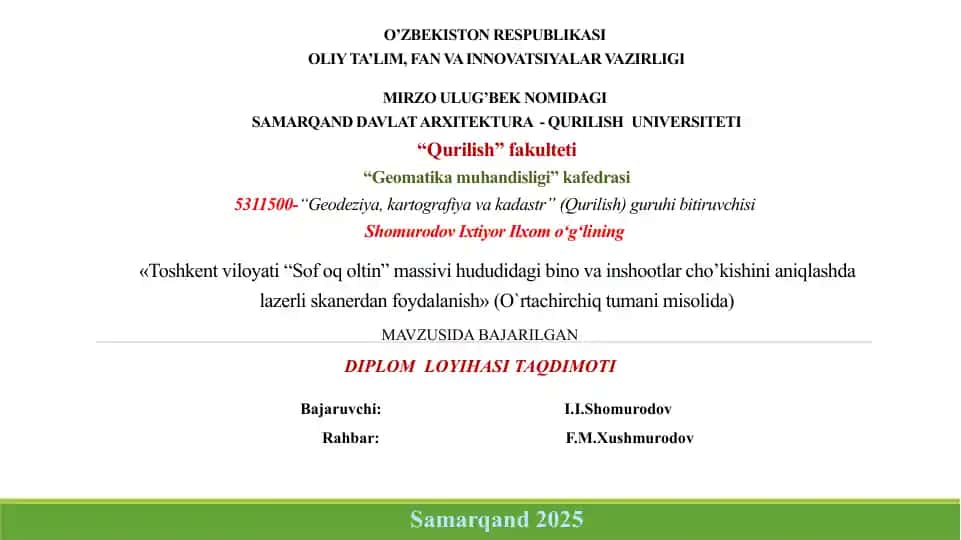 "Toshkent viloyati “Sof oq oltin” massivi hududidagi bino va inshootlar cho’kishini aniqlashda lazerli skanerdan foydalanish"