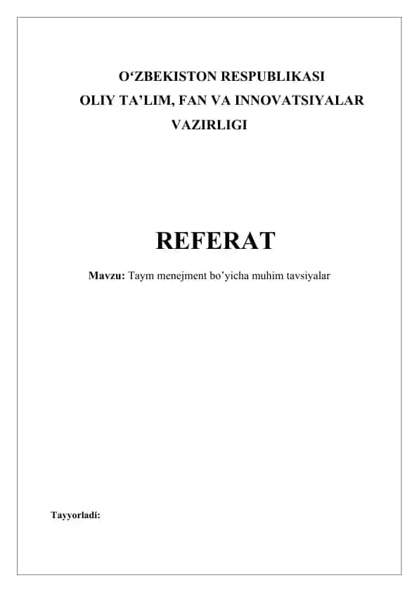 Taym menejment bo'yicha muhim tavsiyalar