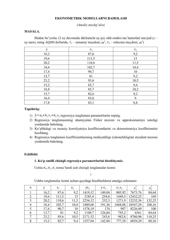 EKONOMETRIK MODELLARNI BAHOLASH