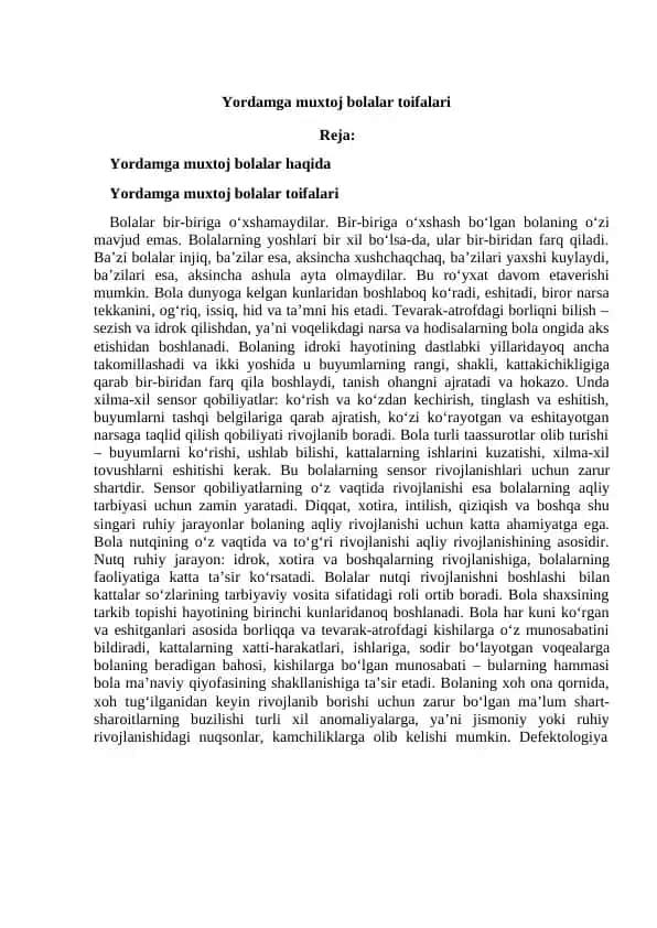 Yordamga muxtoj bolalar toifalari