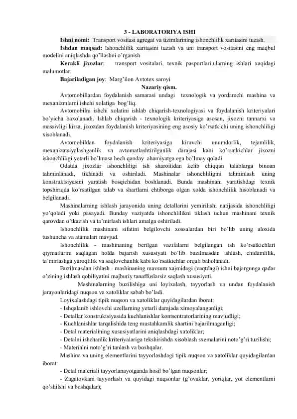 Laboratoriya ishi - Transport vositasi agregat va tizimlarining ishonchlilik xaritasini tuzish