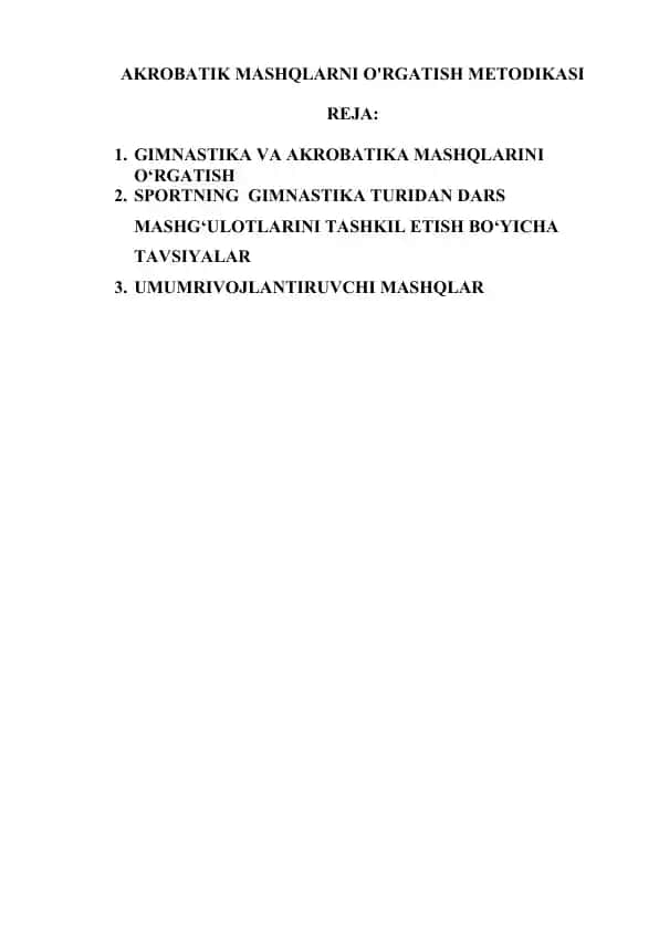 AKROBATIK MASHQLARNI O'RGATISH METODIKASI