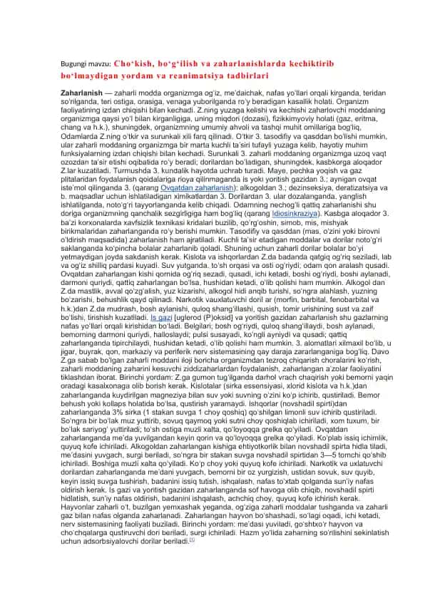 Zaharlanish va reanimatsiya tadbirlari