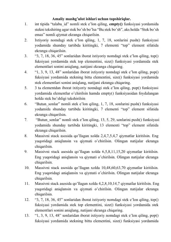 Amaliy mashg’ulot ishlari uchun topshiriqlar