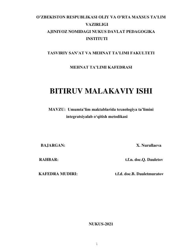 Umumta’lim maktablarida texnologiya ta’limini integratsiyalab o‘qitish metodikasi
