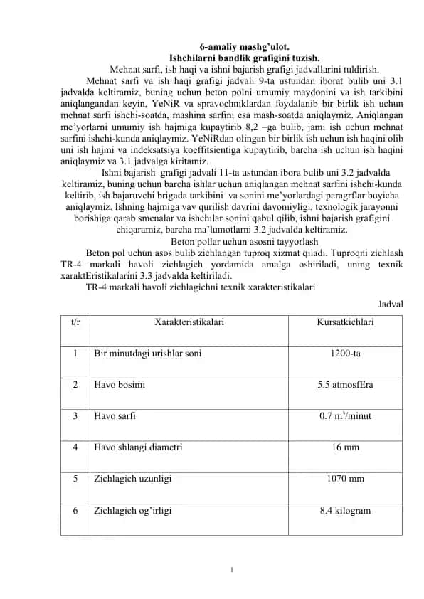 Amaliy mashg’ulot - Ishchilarni bandlik grafigini tuzish