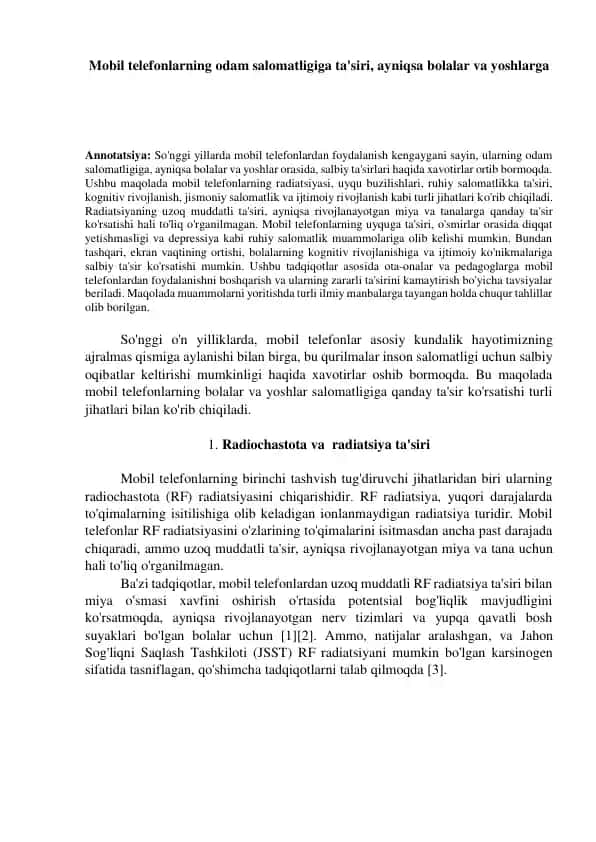 Mobil telefonlarning odam salomatligiga ta'siri