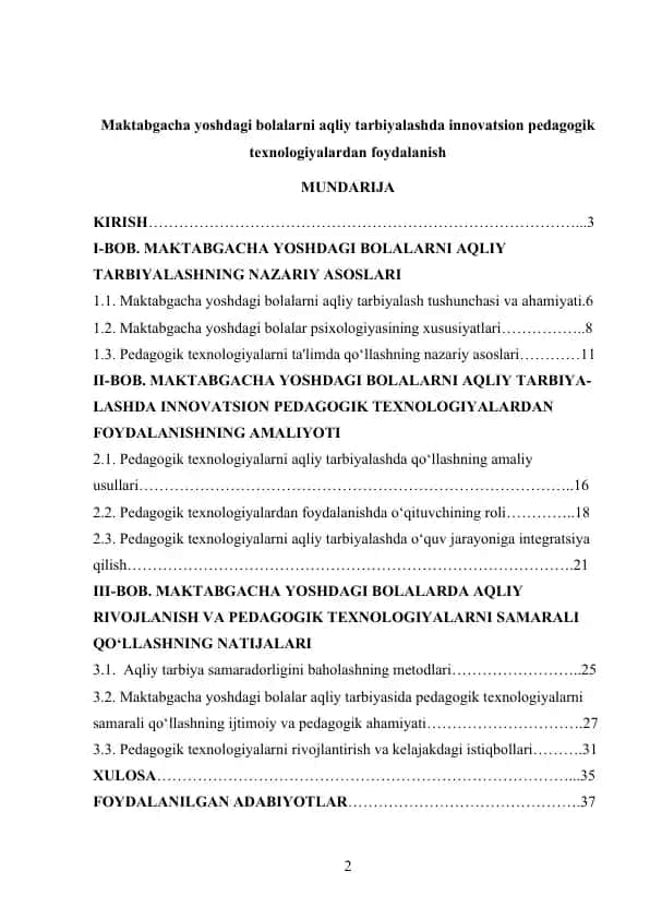 Maktabgacha yoshdagi bolalarni aqliy tarbiyalashda innovatsion pedagogik texnologiyalardan foydalanish