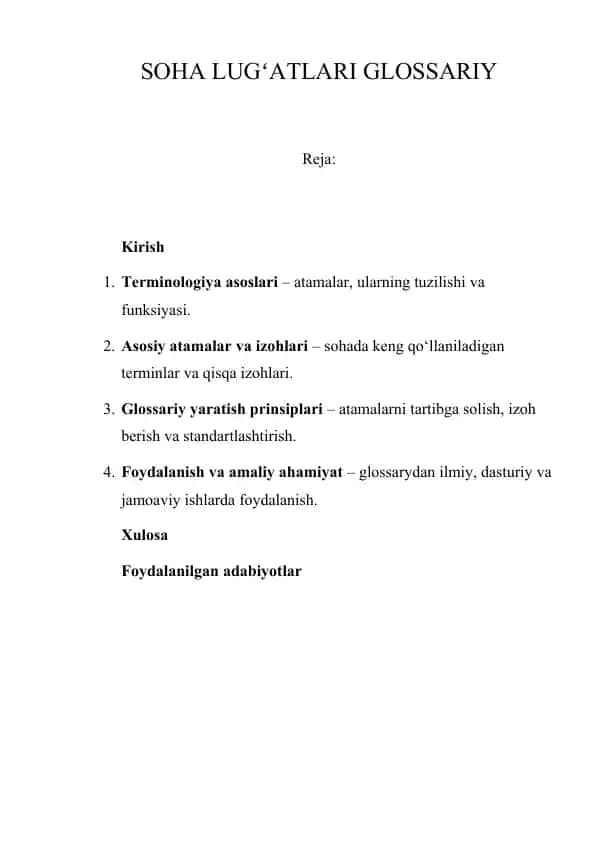 SOHA LUGʻATLARI GLOSSARIY