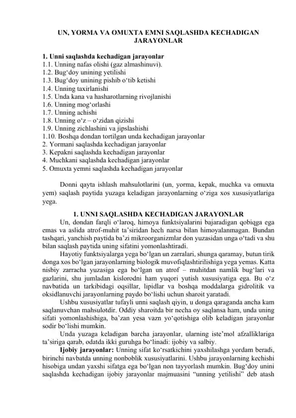 Un, yorma va omuxta emni saqlashda kechadigan jarayonlar