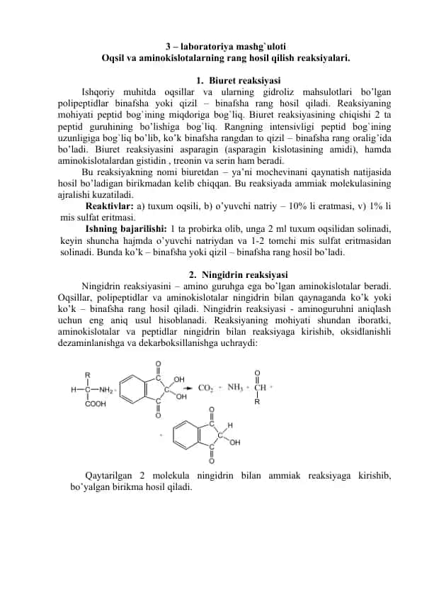 Laboratoriya mashg'uloti - Oqsil va aminokislotalarning rang hosil qilish reaksiyalari