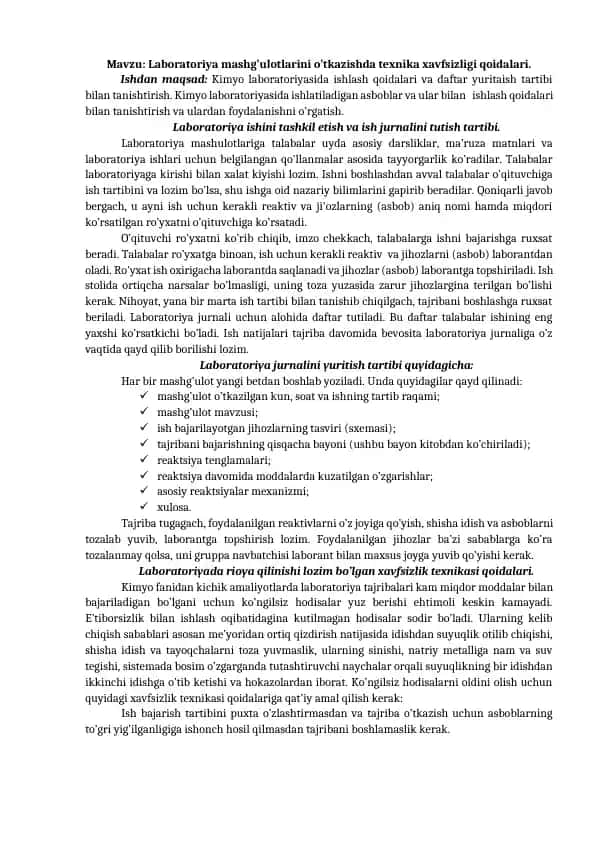 Laboratoriya mashg’ulotlarini o’tkazishda texnika xavfsizligi qoidalari