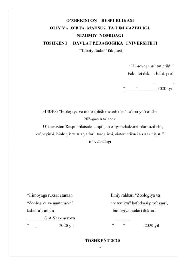 "Biologiya va uni o’qitish metodikasi" ta’lim yo’nalishi