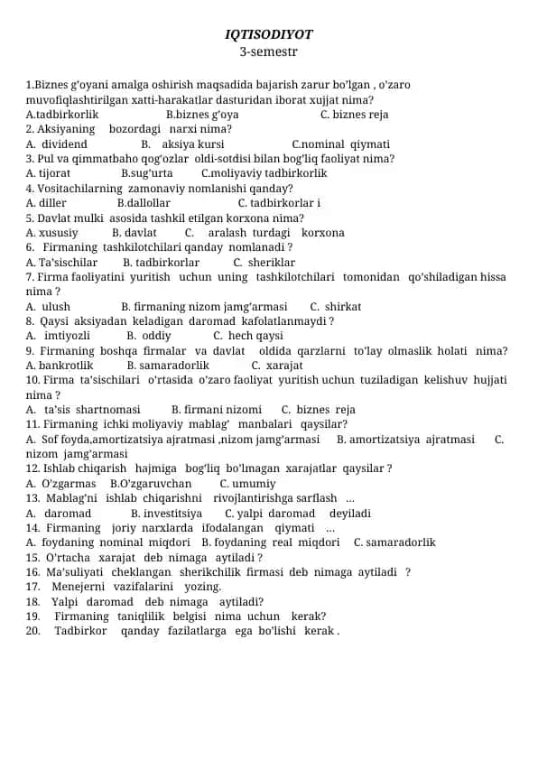 IQTISODIYOT Test savollari