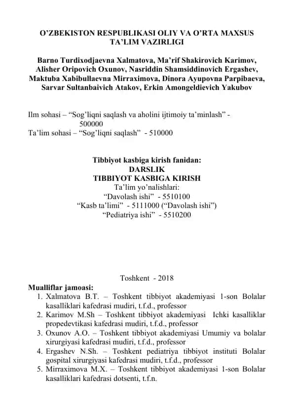 Tibbiyot kasbiga kirish fanidan