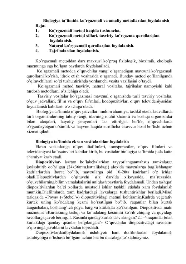 Biologiya ta'limida ko'rgazmali va amaliy metodlardan foydalanish