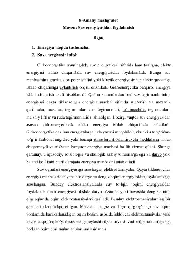 Suv energiyasidan foydalanish mashg'uloti