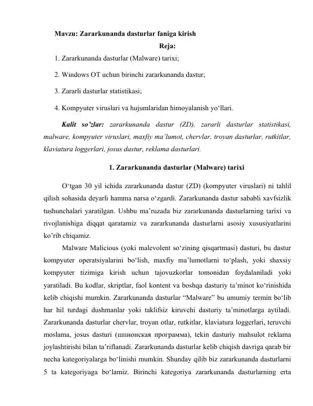 Zararkunanda dasturlar faniga kirish